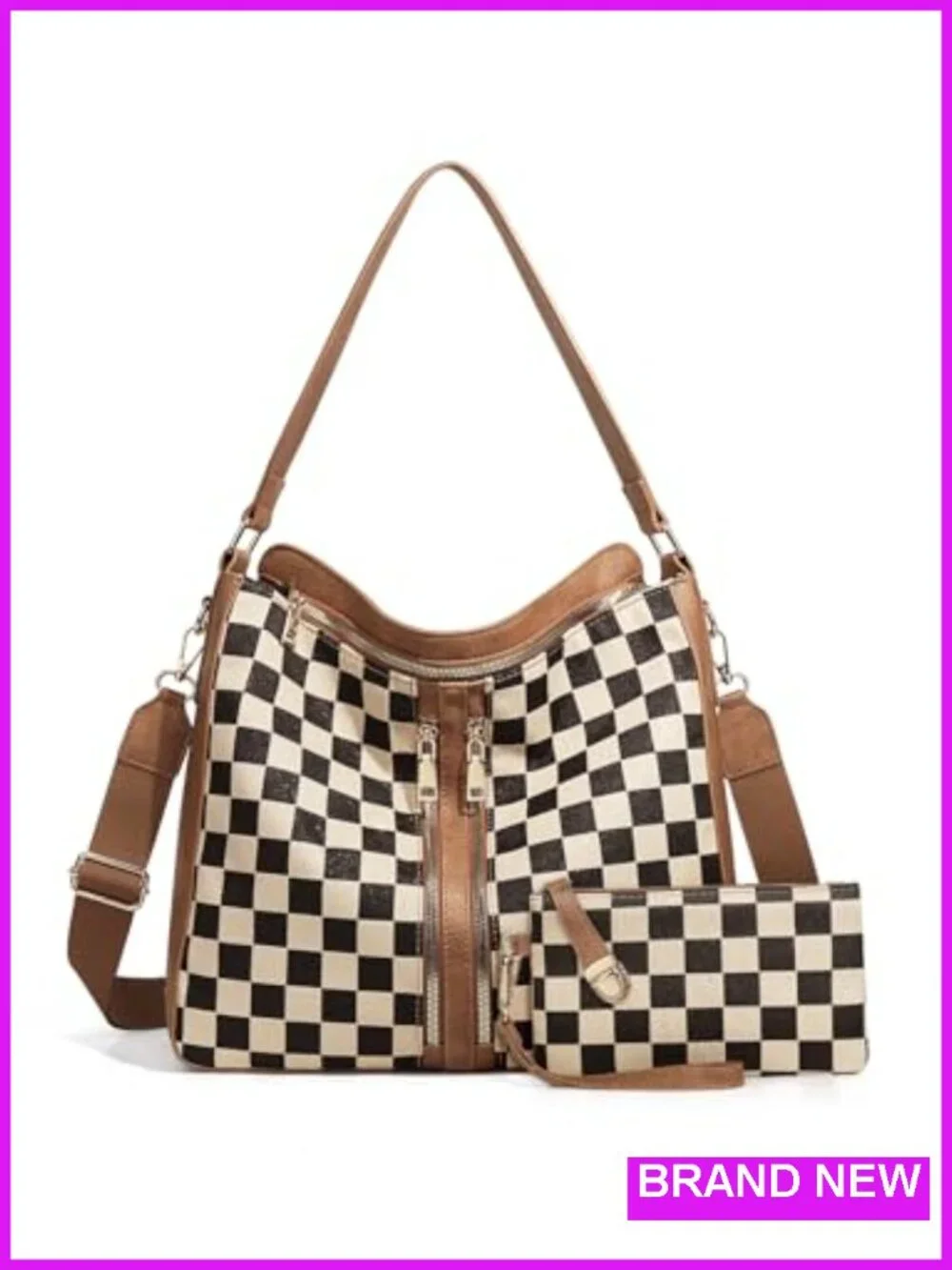PU Leather Canvas Checkered Hobo Tote Crossbody Bag with Adjustable Strap
